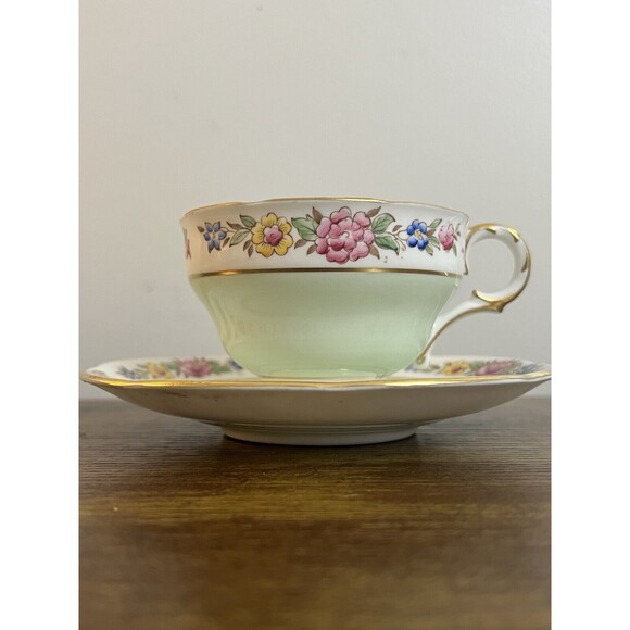 Vintage Floral Mint Green Adderley Bone China Cup and Saucer Cottagecore Classic - Picture 2 of 16